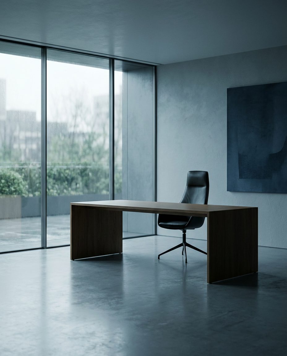 Minimalist office with a dark oak desk beside a full-height window